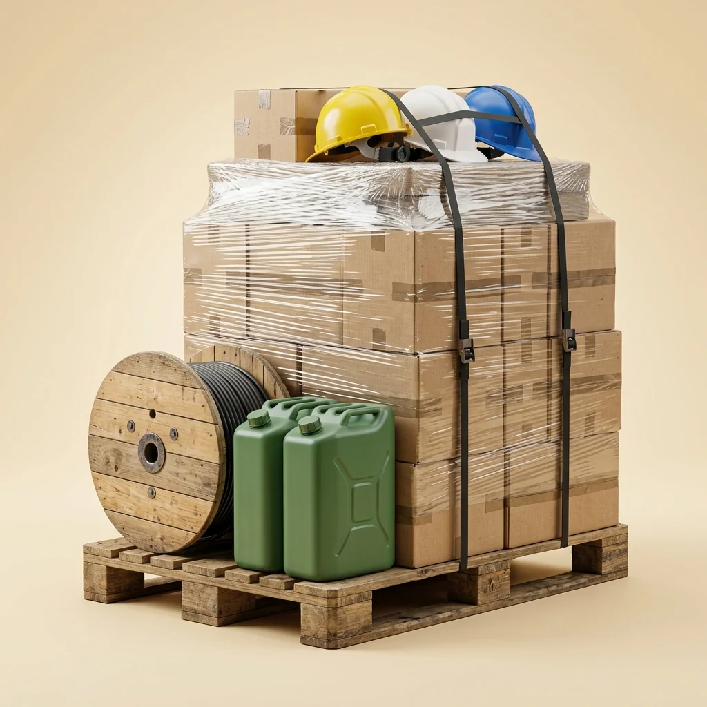 A shrink-wrapped pallet of mixed industrial supplies ready for dispatch