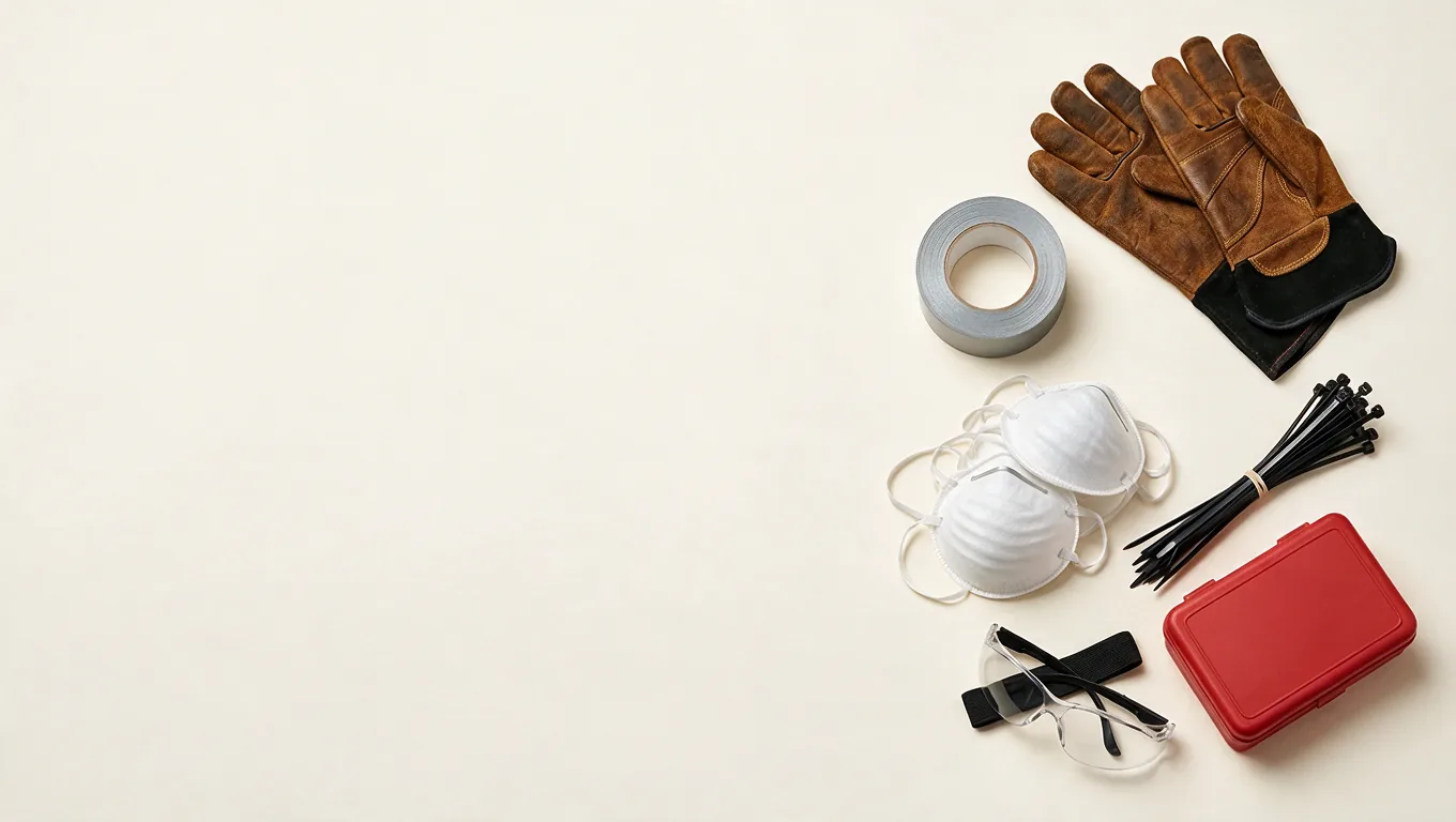 Site consumables: welding gloves, duct tape, cable ties, safety glasses, dust masks and a first-aid tin