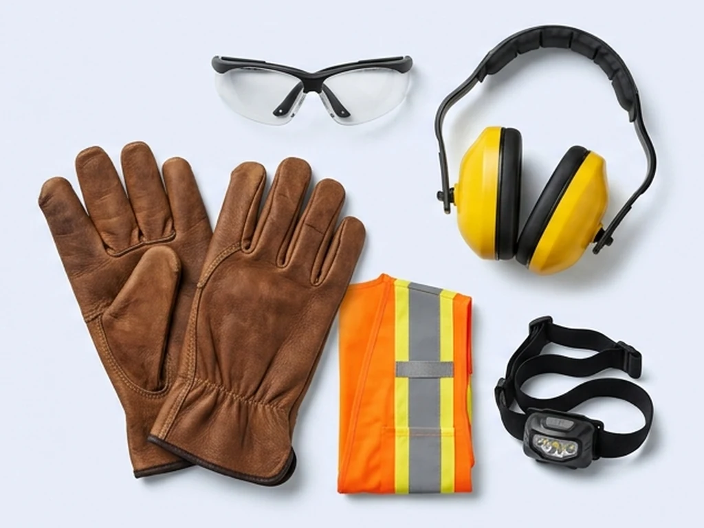 Work gloves, safety glasses, ear defenders, hi-vis vest and a headlamp on a pale studio ground
