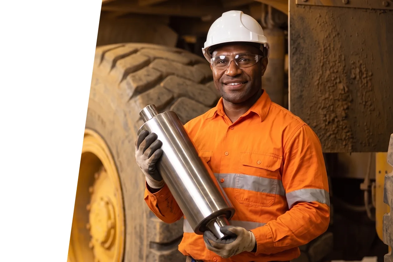 Mine maintenance technician in hi-vis holding a new conveyor idler beside a haul-truck tyre