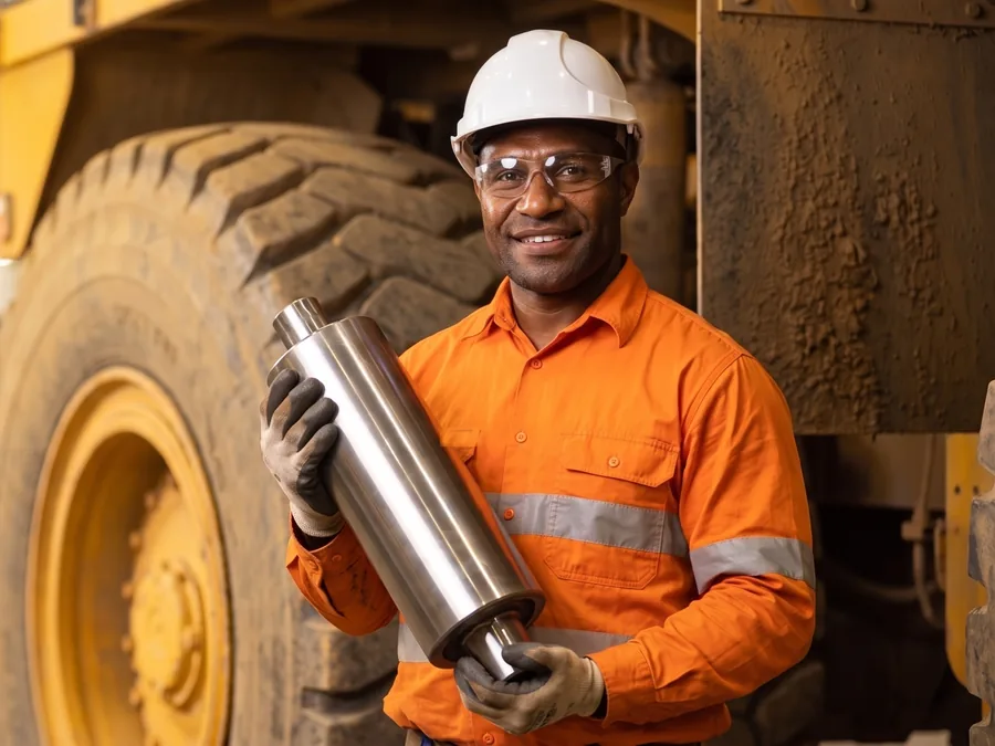 Mine maintenance technician in hi-vis holding a new conveyor idler beside a haul-truck tyre