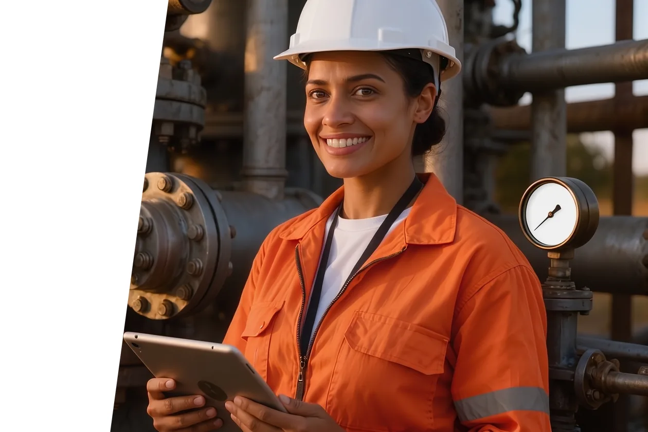 Process engineer in flame-resistant coveralls with a tablet at an oil and gas valve manifold