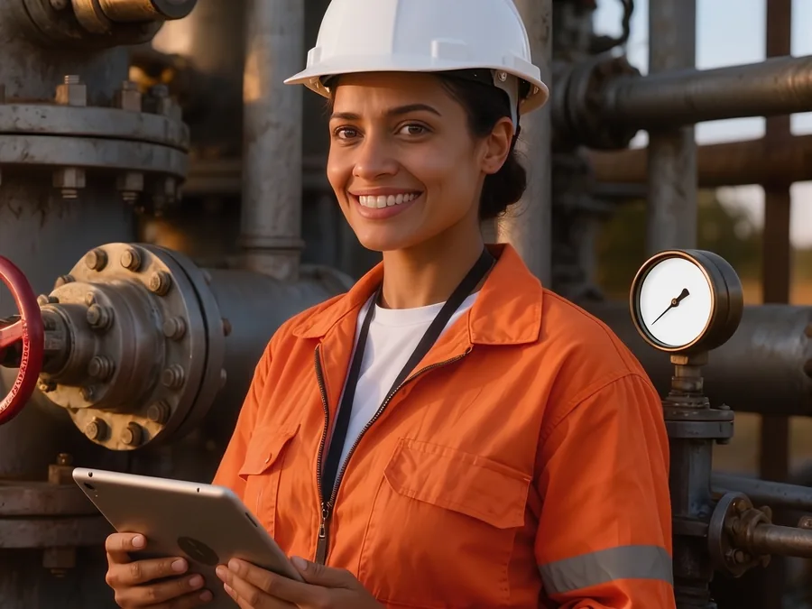 Process engineer in flame-resistant coveralls with a tablet at an oil and gas valve manifold