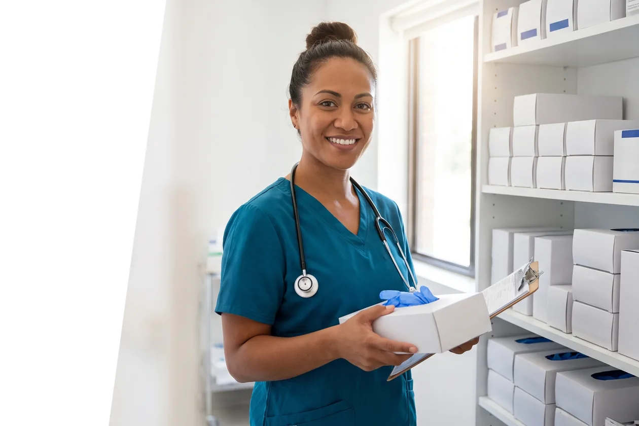 Nurse in teal scrubs holding a box of nitrile gloves in a clinic supply room