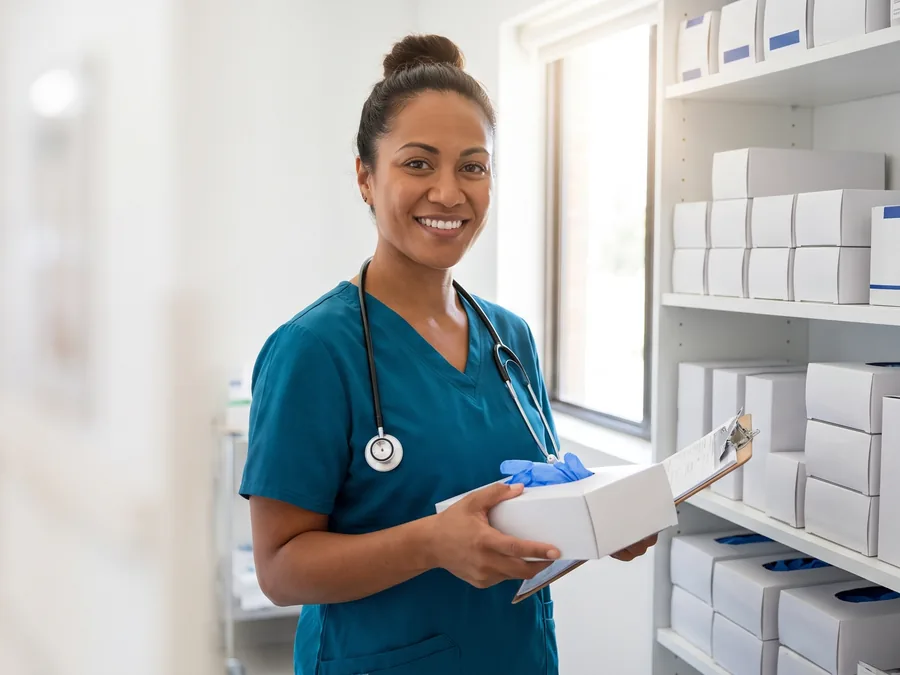 Nurse in teal scrubs holding a box of nitrile gloves in a clinic supply room