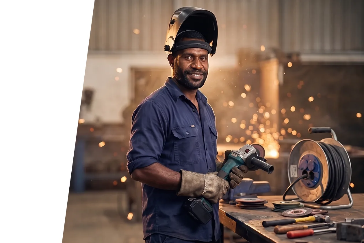 Fabricator with a welding helmet holding an angle grinder at a steel workshop bench