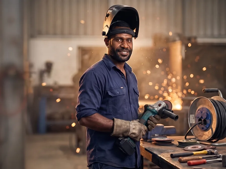 Fabricator with a welding helmet holding an angle grinder at a steel workshop bench
