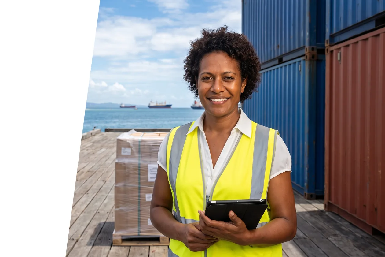Procurement officer in a hi-vis vest with a tablet on an island wharf beside shipping containers
