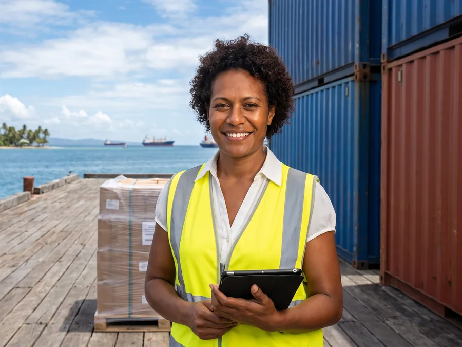 Procurement officer in a hi-vis vest with a tablet on an island wharf beside shipping containers