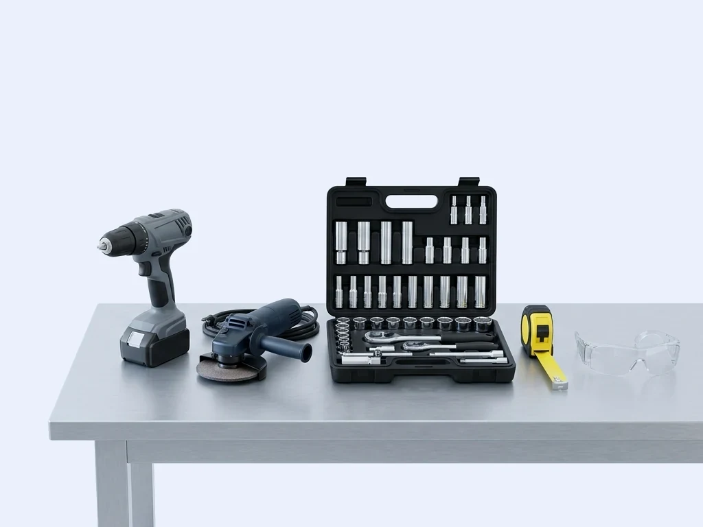 Cordless drill, angle grinder, socket set, tape measure and safety glasses on a workbench