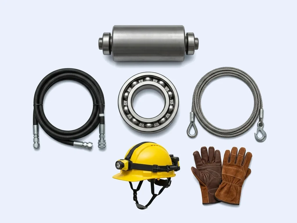 Hydraulic hose assembly, ball bearing, wire rope sling, roller, mining hard hat with headlamp and leather gloves on a pale studio ground