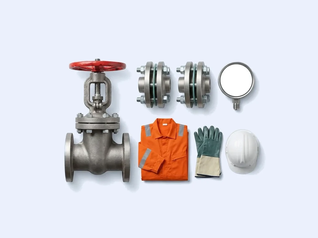 Gate valve, pipe flanges, pressure gauge, high-visibility coveralls, work gloves and a white hard hat on a pale studio ground