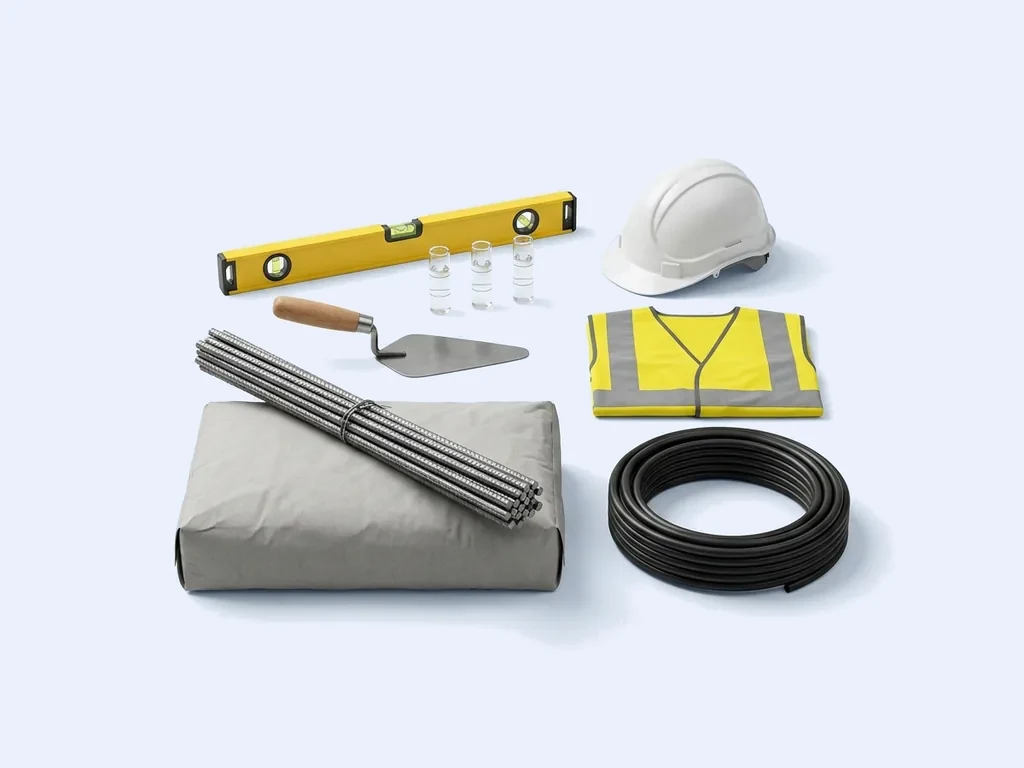 Spirit level, white hard hat, trowel, reinforcing bar, hi-vis vest, cement bag and a coil of black pipe on a pale studio ground