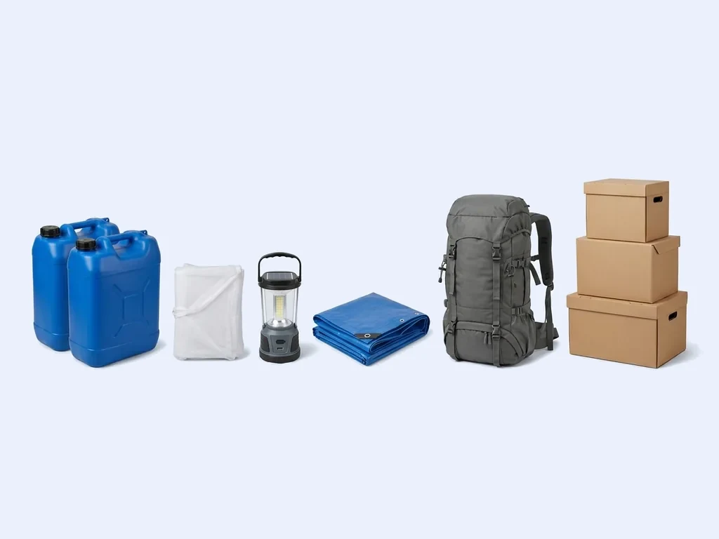 Two blue jerry cans, a folded tarpaulin, a camping lantern, a grey field backpack and cardboard cartons on a pale studio ground