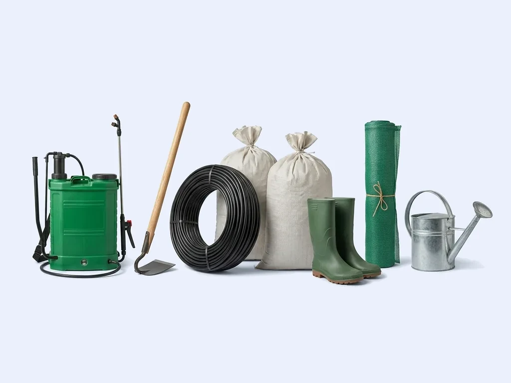 Knapsack sprayer, hoe, coil of black poly pipe, sacks, green gumboots, a rolled tarpaulin and a watering can on a pale studio ground