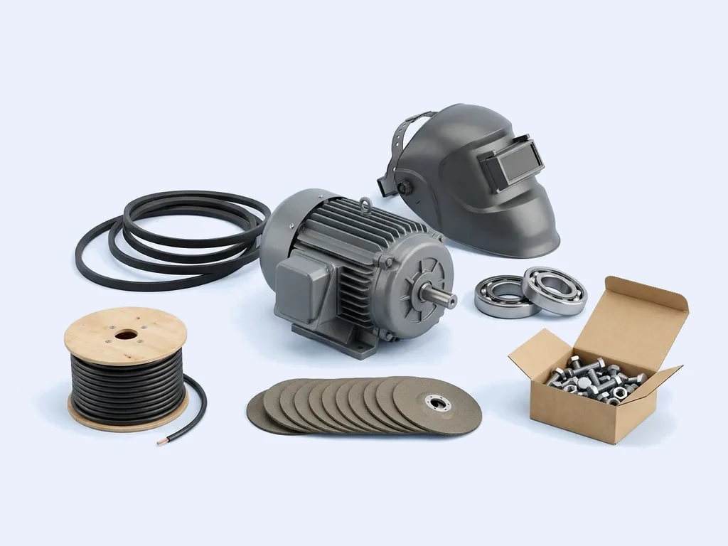 Welding helmet, electric motor, bearings, a drum of cable, V-belts, cutting discs and a box of fasteners on a pale studio ground
