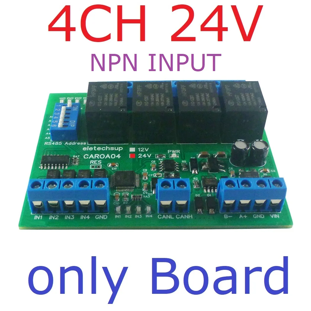 [ZX-169213B5] 4-Channel Relay I/O Board, 4 NPN Isolated Inputs, CAN Bus and RS485 Modbus RTU, 24 V DC