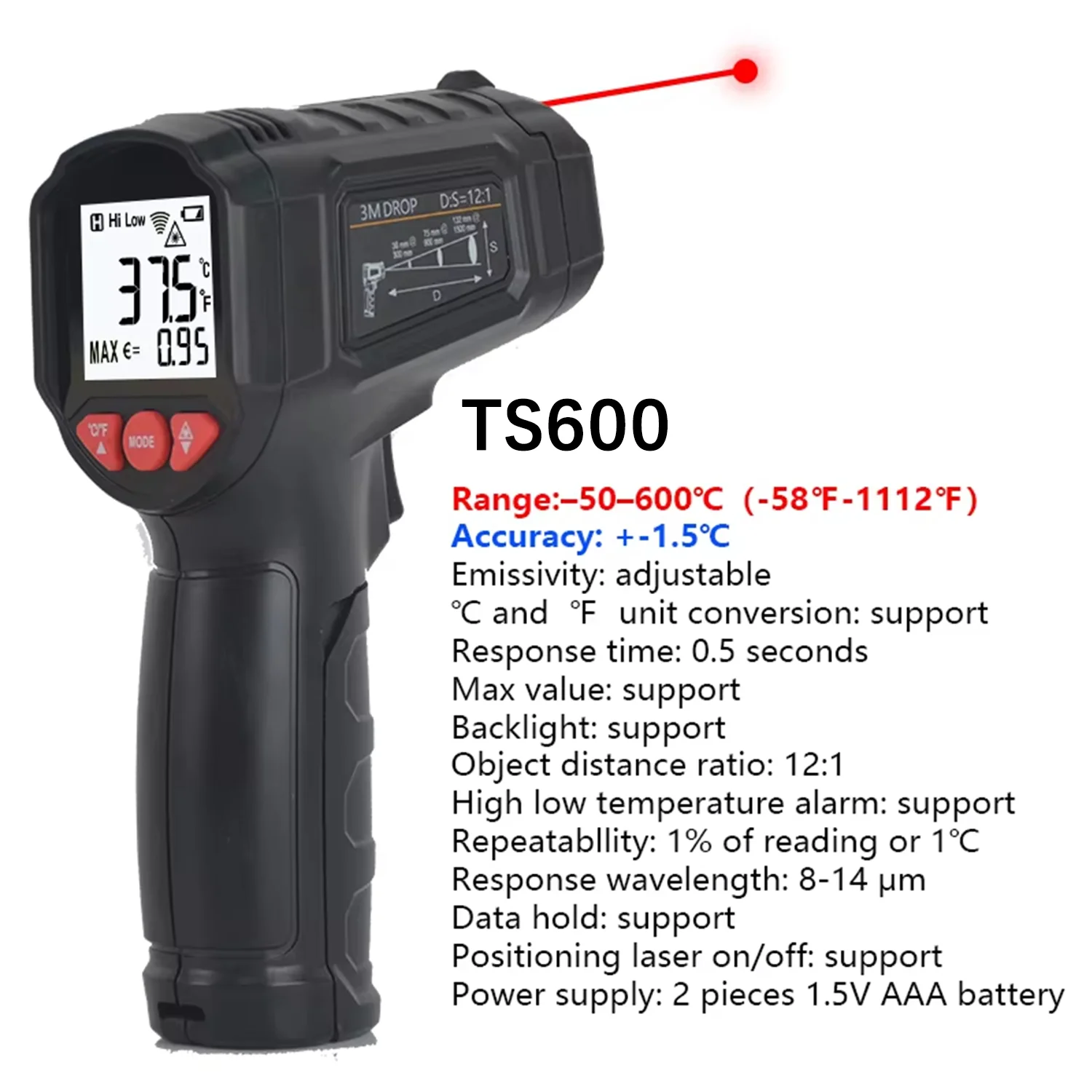 Industrial Non-Contact Infrared Thermometer Gun, -50 to 600 °C, Not for Body Temperature